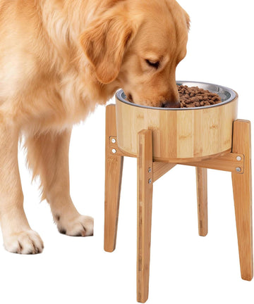 Elevated Dog Bowls for Large Dogs Feeder Two Bowls with a Stainless Steel and Bamboo Dishes, Raised Dog Bowl Stand