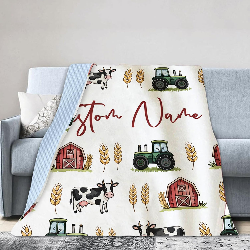 Blanket for Boys Girls- Custom Name Minky Dot Blanket with Farm Theme, Soft Cozy Throw for Newborns and Toddlers