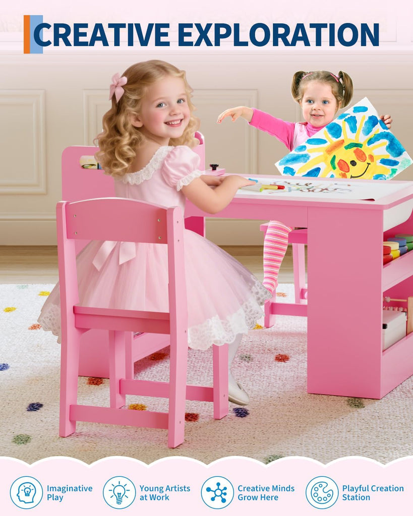 Kids Art Table and 2 Chairs Set with Paper Roll Holder & Storage, Pink