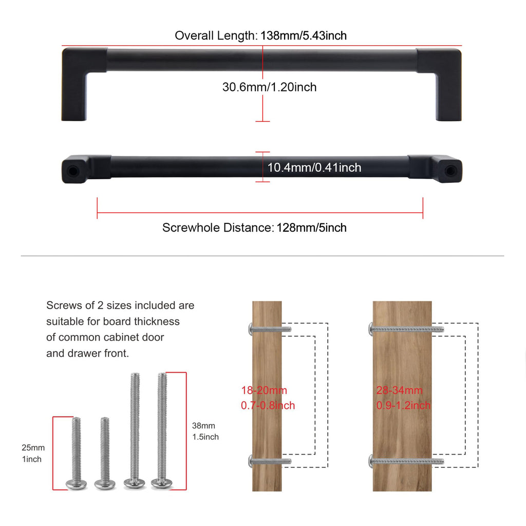 10 Pack Classic Solid Cabinet Handles-5"/128mm Screw Spacing Matte Black Furniture Hardware Handles Dresser Kitchen