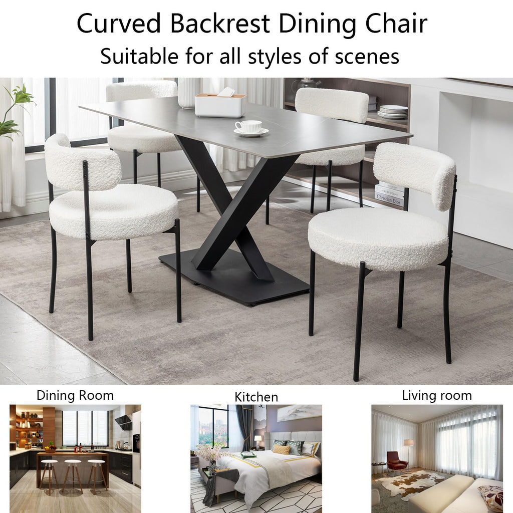 White Boucle Set of 4, Upholstered Dining Room Chairs with Black Metal Legs, Round Modern Dining Chair