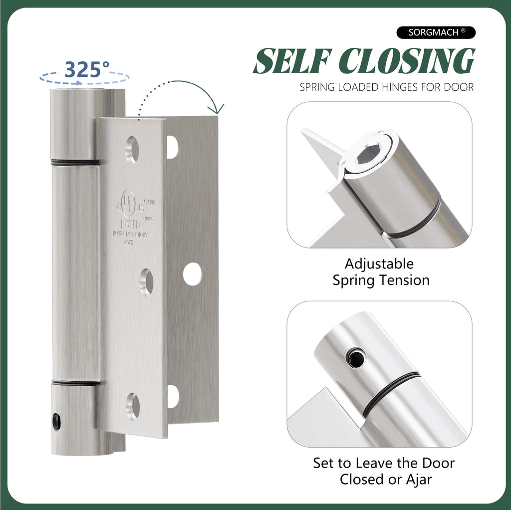 3 Pack Self Closing Door Hinges 3.5 inch Satin Nickel Door Hinges Spring Loaded Auto Close Hinges Square Corners