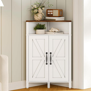Farmhouse-Style Corner Cabinet, Corner Shelf with Open Storage, Double-Door Storage Cabinet, Twist-to-Lock Design