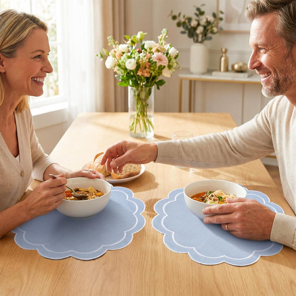 Dusty Blue Linen Placemats Embroidered Round Scalloped Kitchen Table Mats for Spring Easter Party Home Dining Table - Set of 6