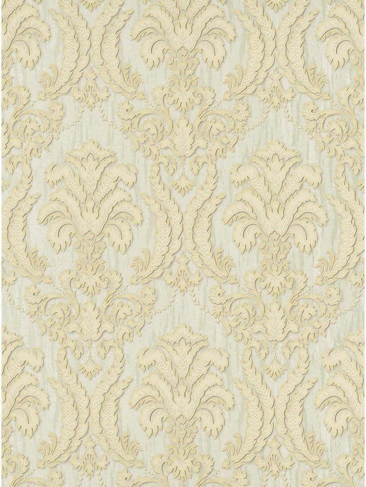 Classic Wallpaper Roll, Damask & Traditional Design in Cream & Gold, Non-Self-Adhesive, Lightly Textured Surface