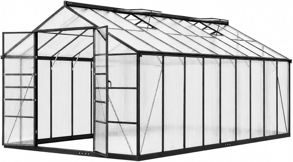10x18 FT Greenhouse, Polycarbonate Walk-in Green House with Quick Setup Structure, Roof Vent & Aluminum Frame, Large