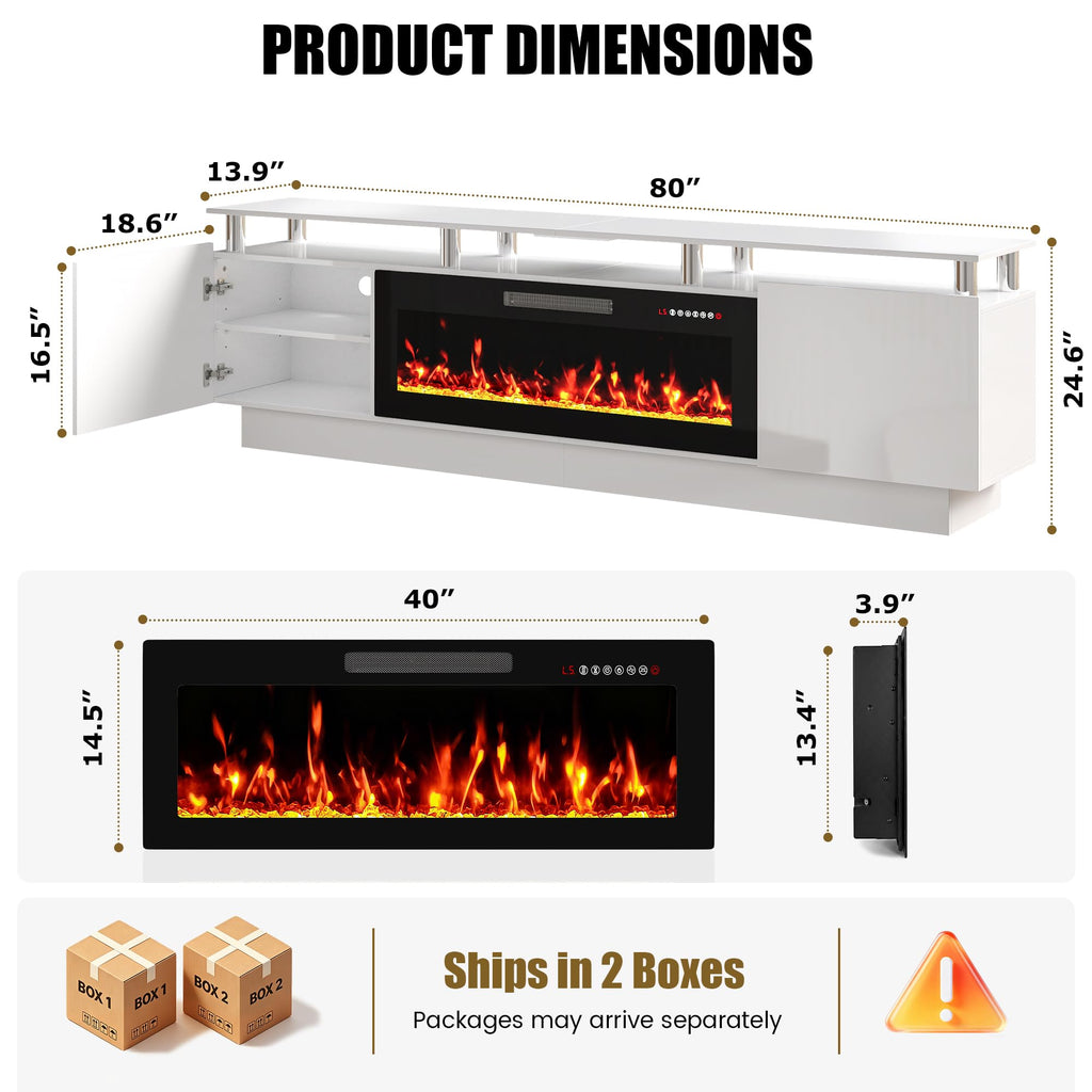 80" Modern Fireplace TV Stand with 40" Electric Fireplace for TVs Up to 90 inch, Luxury LED Light Entertainment