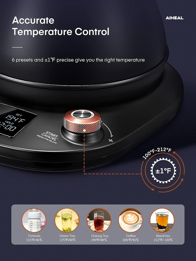 Electric Gooseneck Kettle Temperature Control, Pour Over Electric Kettle for Coffee and Tea, 100% Stainless Steel