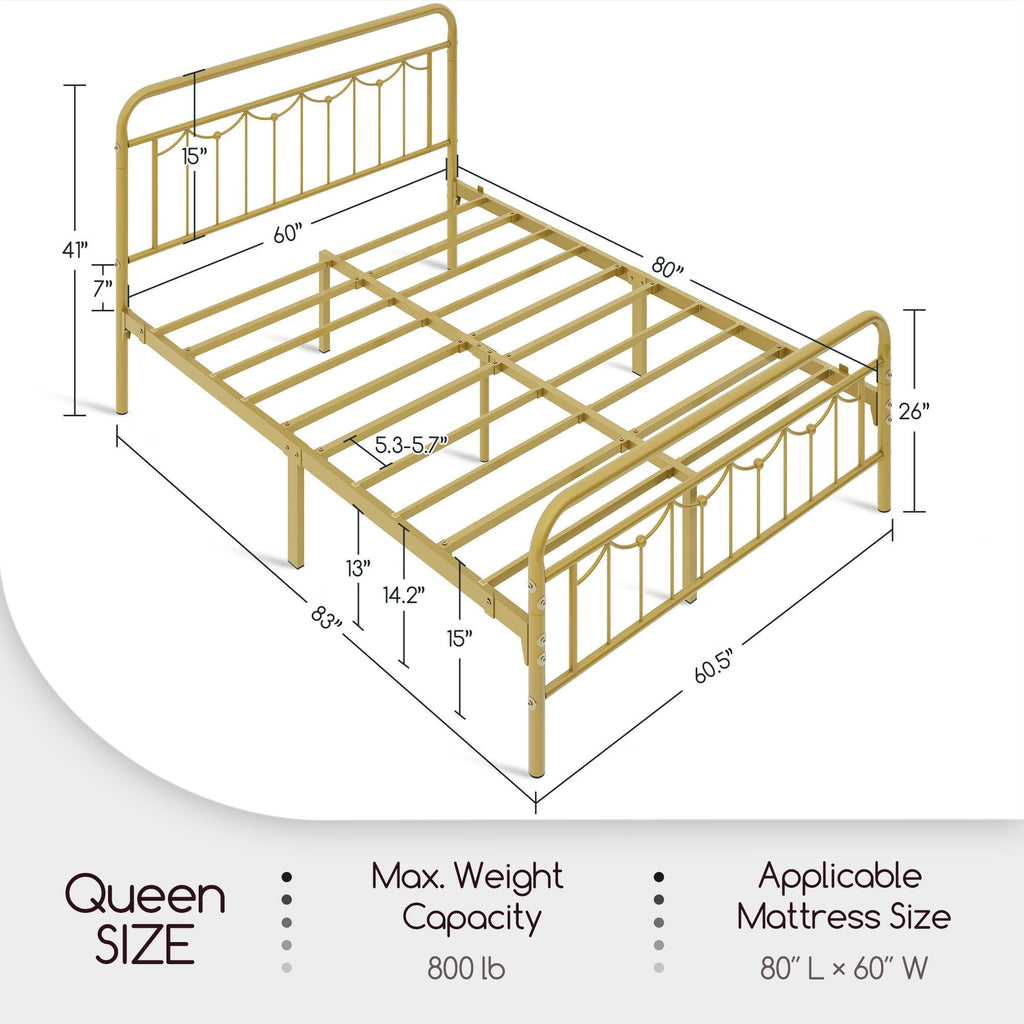 Queen Metal Bed Frame with Vintage Spindle Headboard Antique Gold