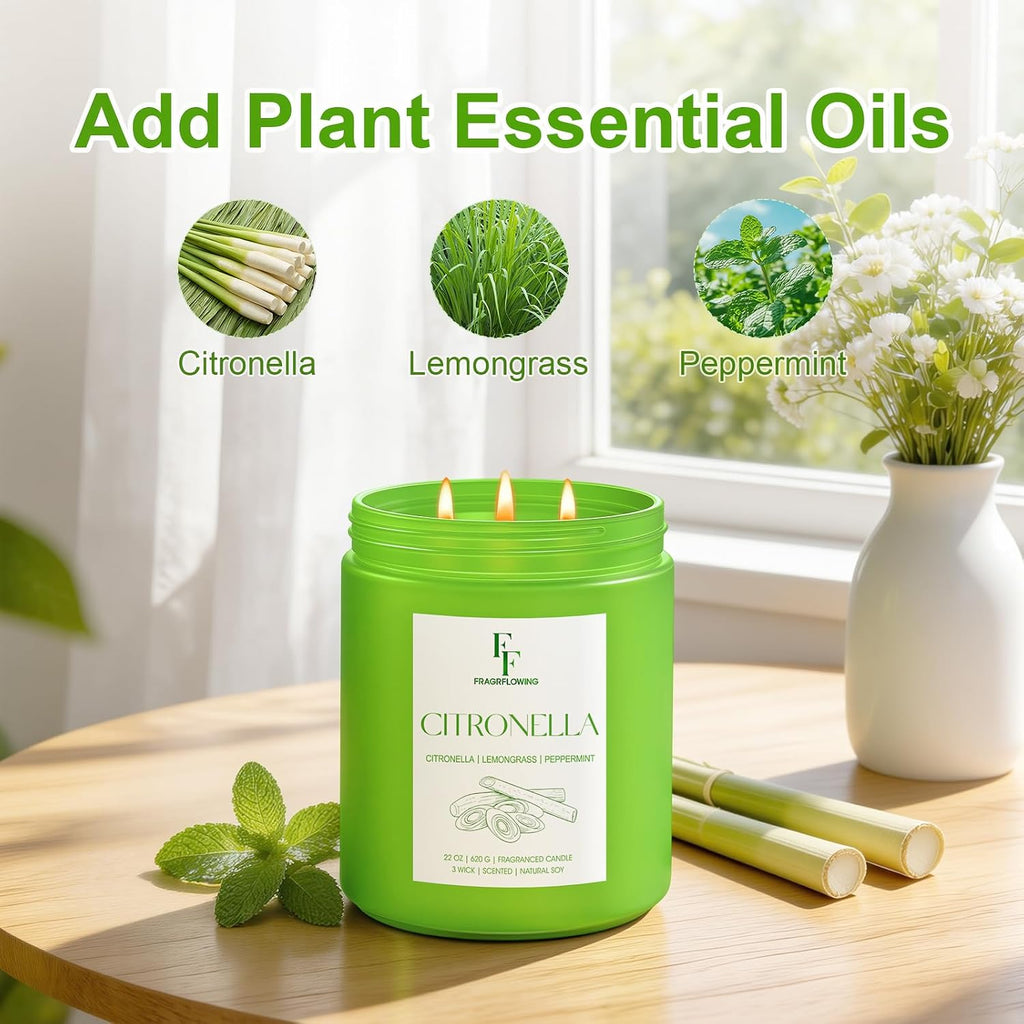 Citronella Large Scented Candle Outdoor Indoor, 3-Wick 22oz Long Lasting Scented Candle, Natural Soy Wax Aromatherapy - Set of 22