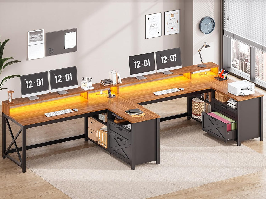 L Shaped Gaming Desk with Drawers, 55" Farmhouse Computer Desk with File Drawer and Storage Shelves, Corner Gaming