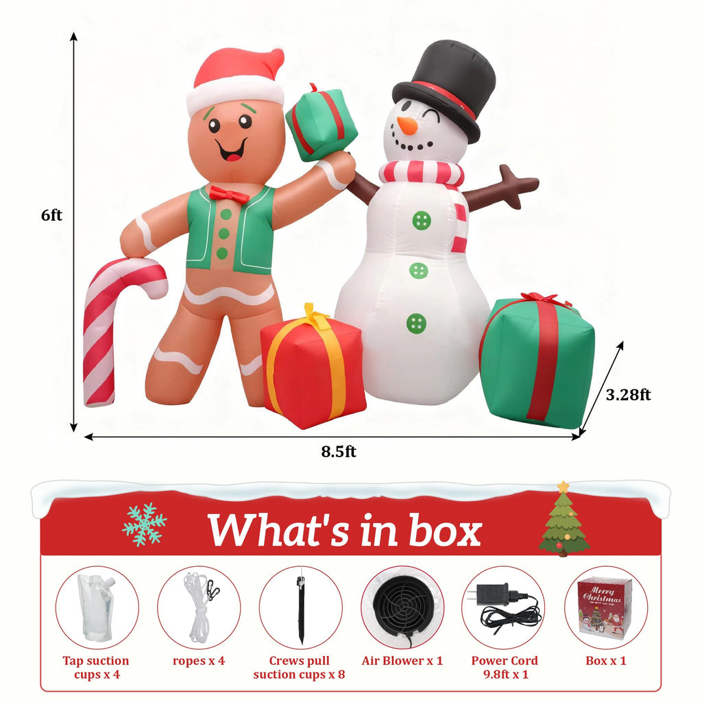6FT Christmas Inflatable Decoration, Built-in LED Lighting Gingerbread Man Snowman Gift Box, Suitable for Inflatable