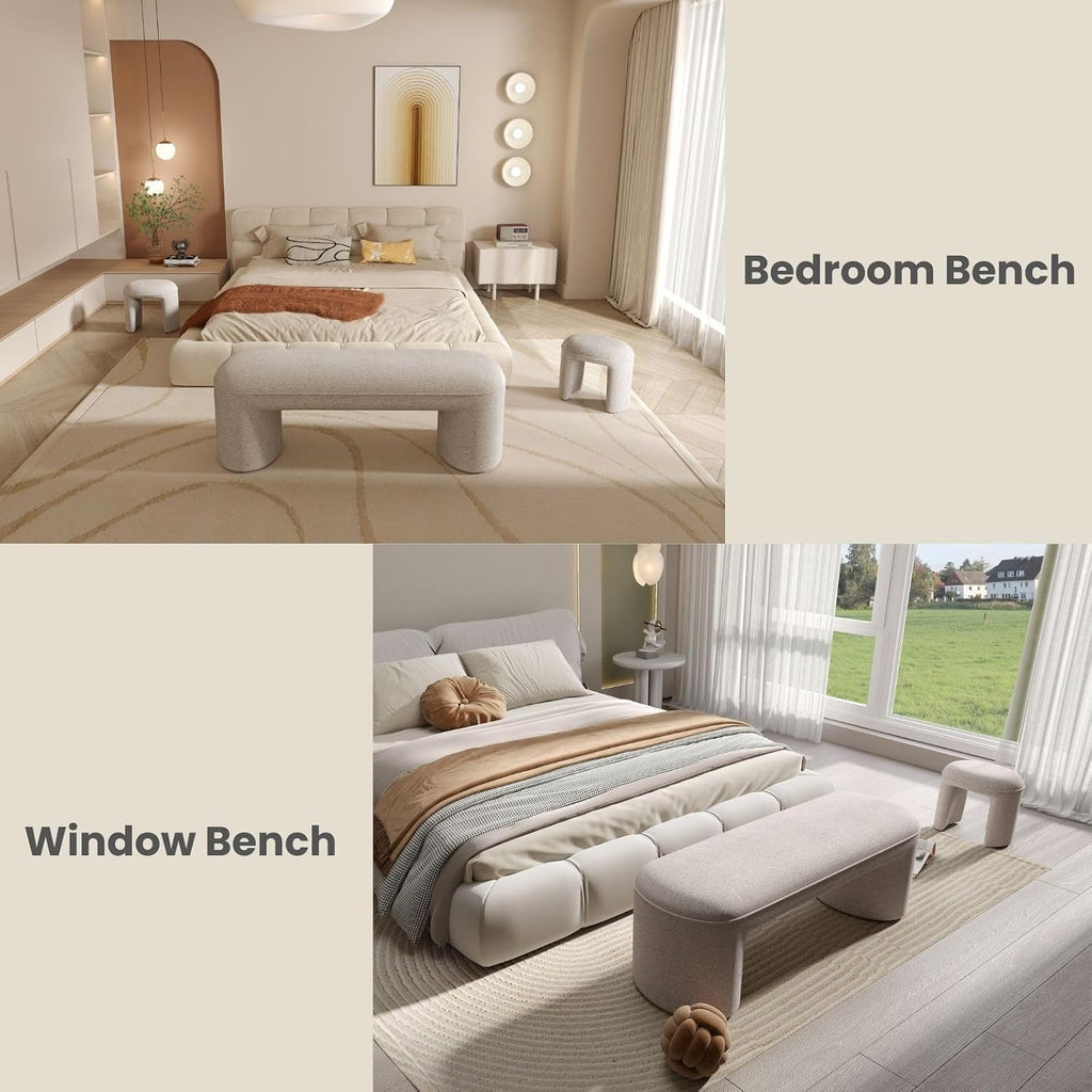 53" Upholstered End of Bed Bench with 2 Nesting Ottoman Stools, Modern Chenille Bedroom Bench for King/Queen Bed