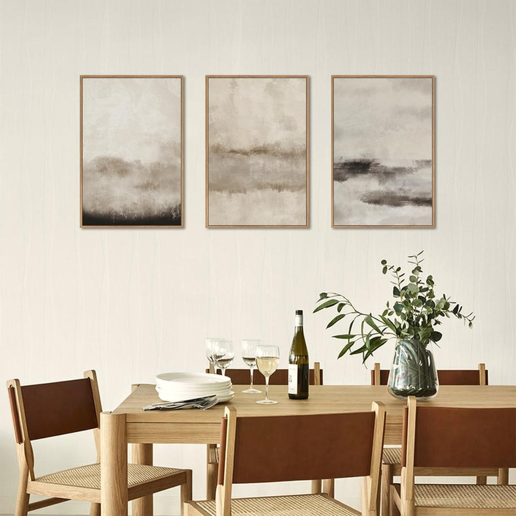 Large Abstract Framed Canvas Wall Art Set,Minimalist Beige Gray Pastel Watercolor Wall Decor,Modern