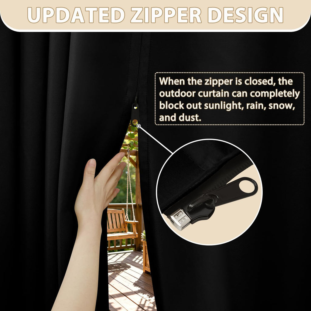 Waterproof Outdoor Curtains with Zipper Top & Bottom Grommet Thermal Privacy Drapes 2 Panels Gazebo Outside Blackout