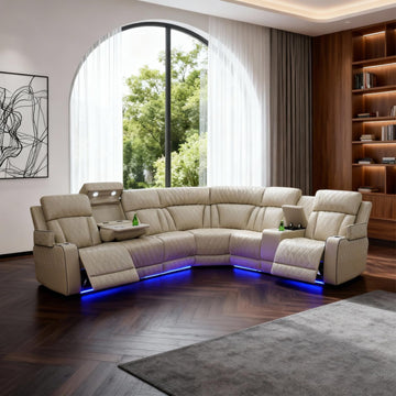 Power Reclining Leather Sectional Sofa Theater, Electric Recliner Couch with Wireless Power, LED Ambient Lighting