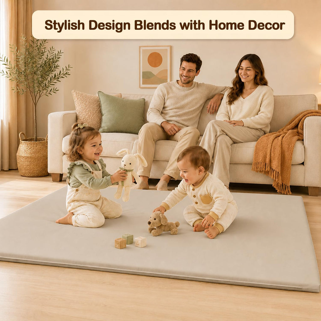 Vegan Leather Baby Play Mat, 71x59 Thick Cushioned Waterproof Playpen Mat, Stylish Removable Cover Floor Mat