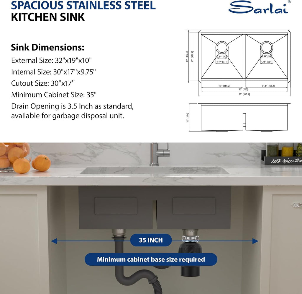 32 Undermount Kitchen Sink Double Bowl- 32x19 Inch Double Undermount Sink Stainless Steel 16 Gauge Ledge Workstation