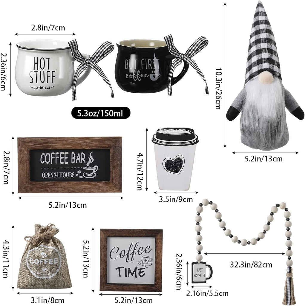 Coffee Bar Decor Set, Farmhouse Tiered Tray Decor Accessories, Rustic Coffee Station Tabletop Wooden Signs - Set of 8