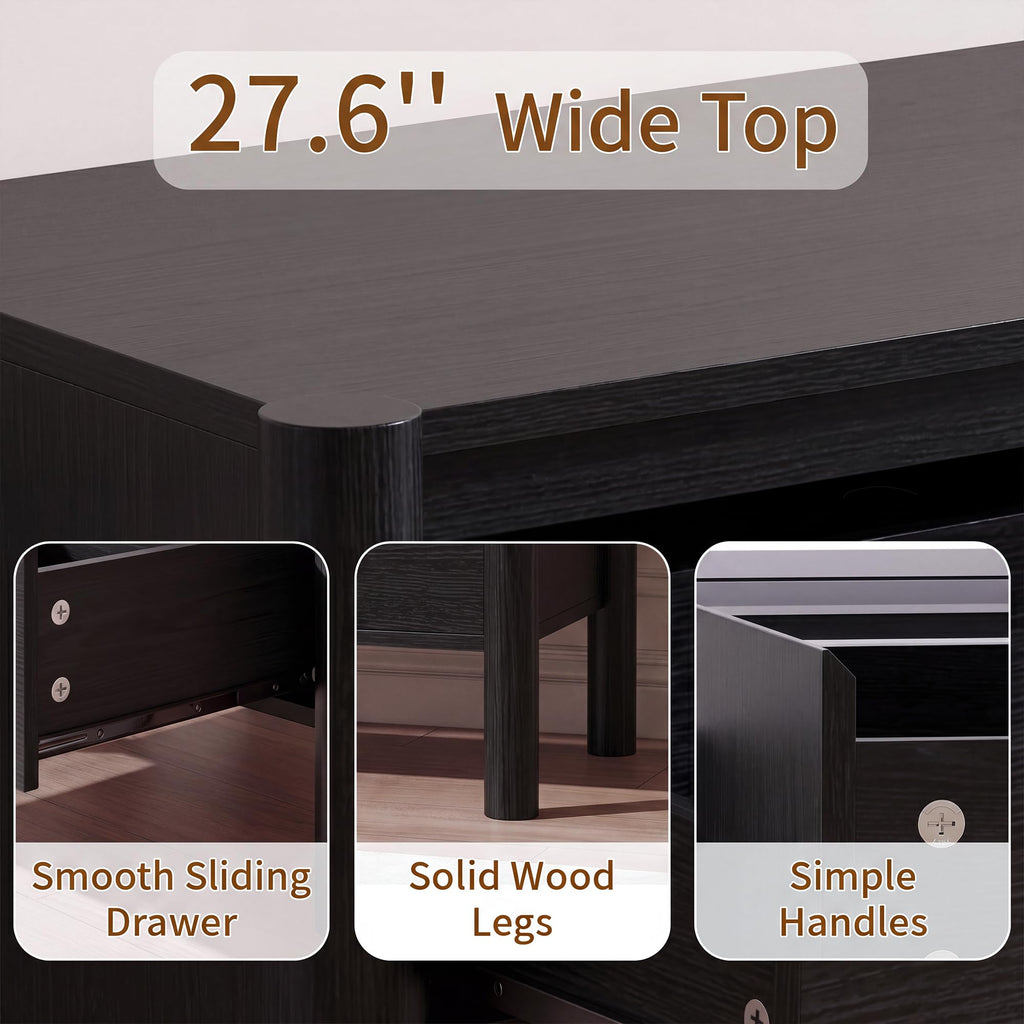 27.6" Wide Black 3 Drawer Dresser with Solid Wood Legs