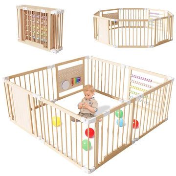 Wooden Baby Playpen, Adjustable Multi-Shape Play Yard for Baby and Toddler | 6/8/10 Panel Baby Fence Play Area