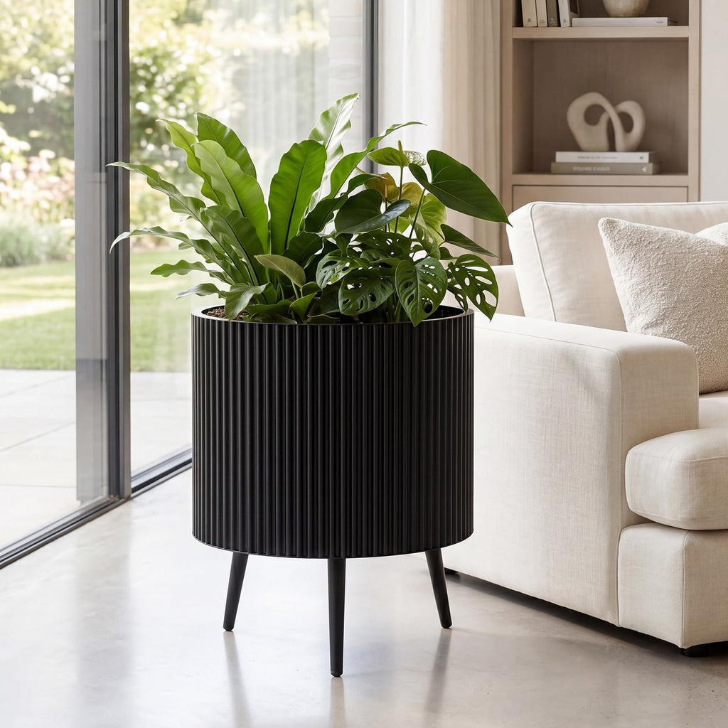 20 Inch Plant Pot w/ Stand Set 2, Mid-Century Modern Fluted Planter