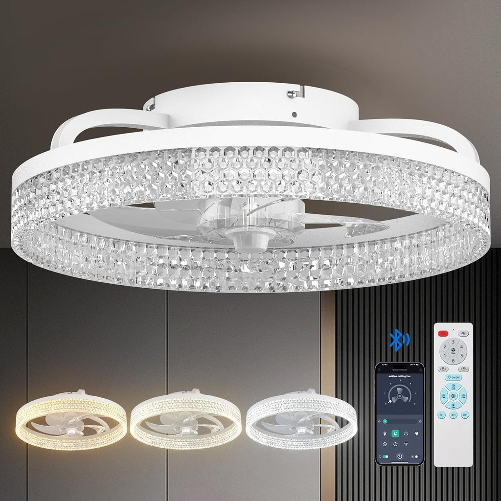 Modern Ceiling Fans with Lights and Remote, Flush Mount, 20 Inch Bladeless Ceiling Fan with Light, Low Profile Ceiling Fan, Reversible, 3CCT, Dimmable, Quiet, Ceiling Fans for Bedroom, White A101-B0DNB15FVY