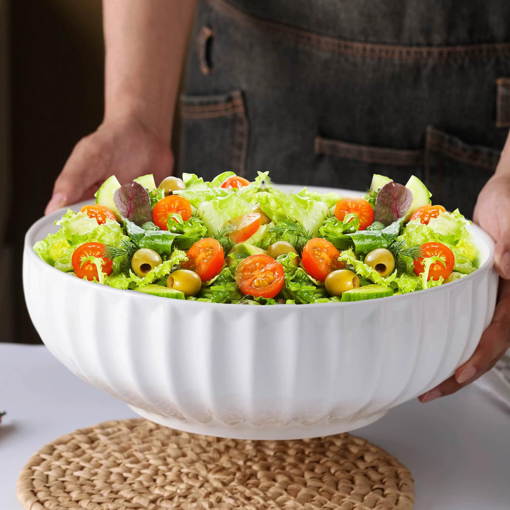 4 Quarts 2 Pcs Extra Large White Serving Bowls with Free Spoons, 12 inch Oversized Big Salad Bowls For Entertaining