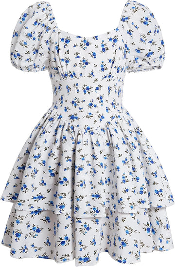 Girls Floral Puff Sleeve A Line Summer Dress Casual Short Sundress