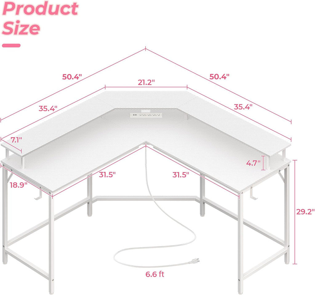 L Shaped Gaming Desk with Power Outlets & LED Lights, Computer Desk with Monitor Shelves, Carbon Fiber Surface, Home
