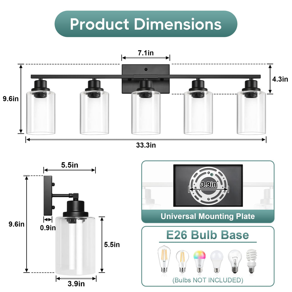 Bathroom Light Fixtures, 5-Light Vanity Light Over Mirror, Matte Black Wall Sconces with Clear Glass Shades, Wall