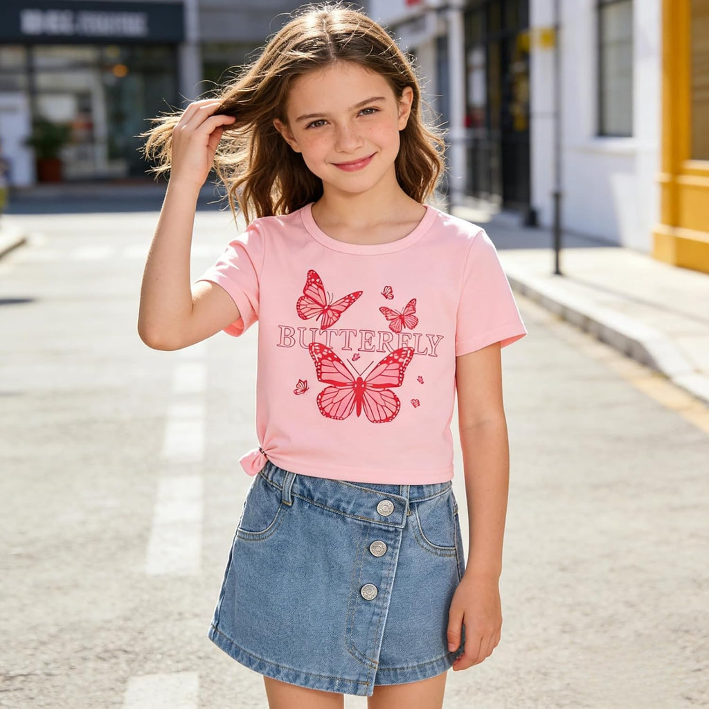 Girls Clothes 2PCS Butterfly Print Short Sleeve T-Shirt Denim Skirt Shorts Set Teen Tween Girls Summer Outfits Set
