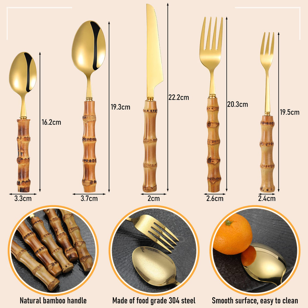 30 Pcs Bamboo Silverware Set 18/8 Stainless Steel Flatware Set