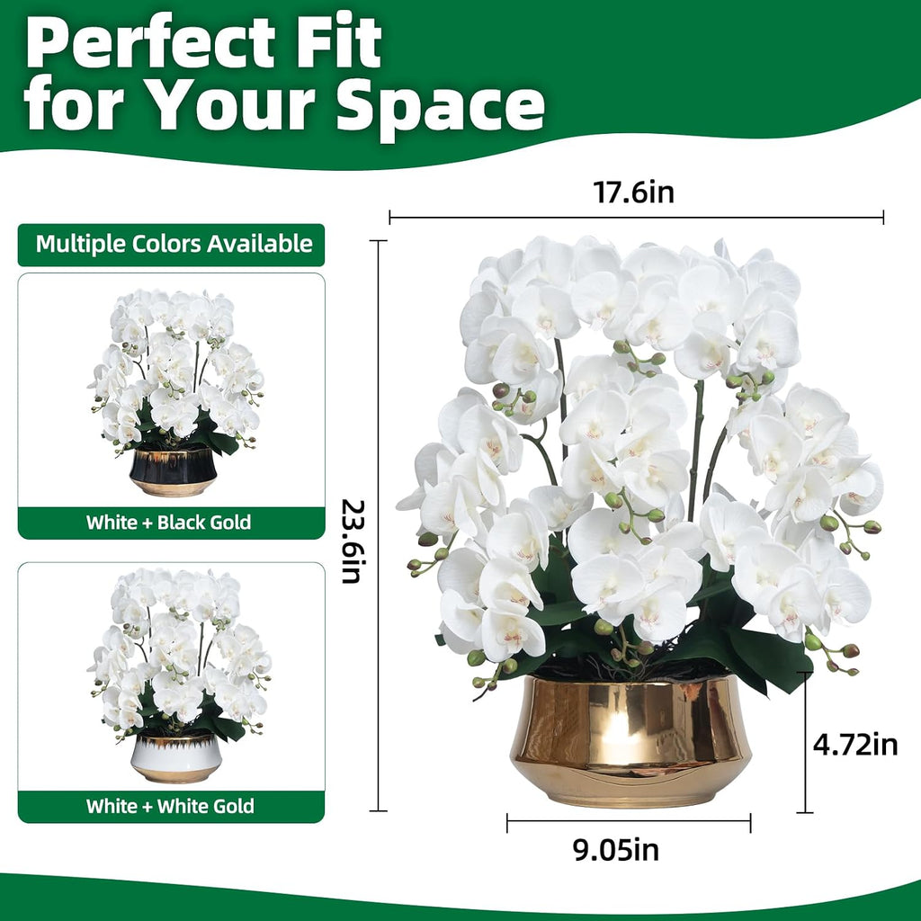 Orchids Artificial Flower Real Touch Fake Flowers in Large Ceramic Pot - Set of 9