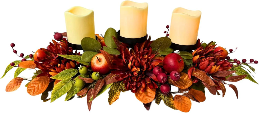 Inch Fall 3 Candle Holder with Faux Apples, Mums and Berries - Set of 3