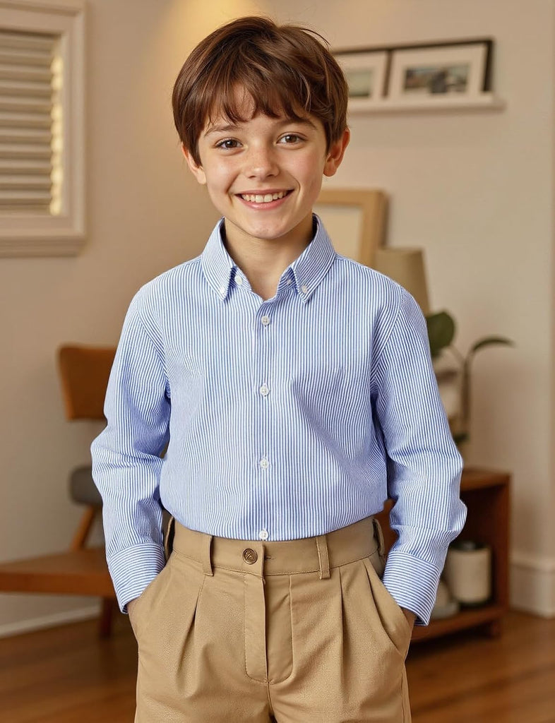 Boys Oxford Dress Shirts Striped Button Down Shirt Long Sleeve