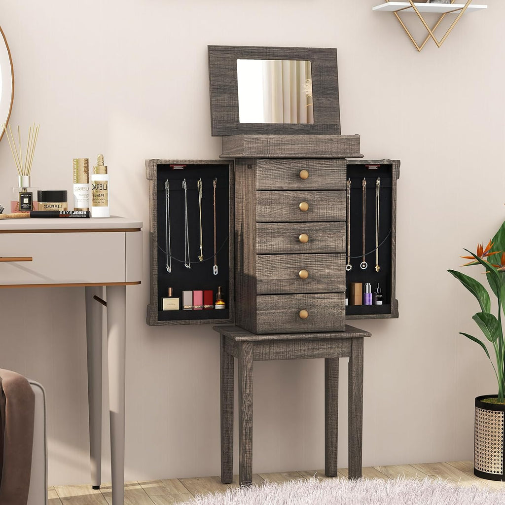 Jewelry Armoire Cabinet, Wooden Jewelry Chest Organizer with Flip Top Makeup Mirror, 5 Drawers, 2 Side Doors, 8
