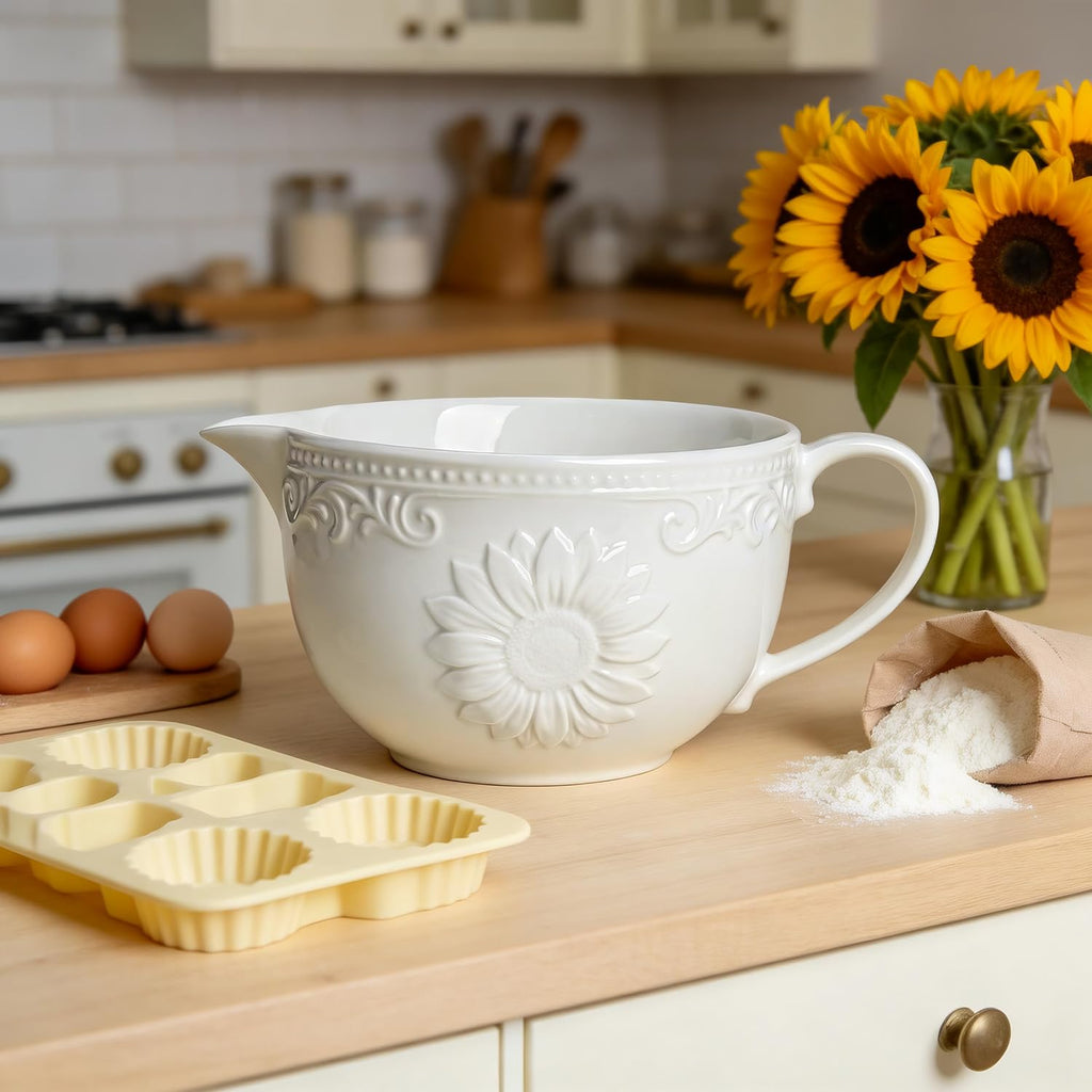 Sunflower Embossed Ceramic Mixing Bowl, 1 Quart Batter Bowl, with Pouring Spout and Handle