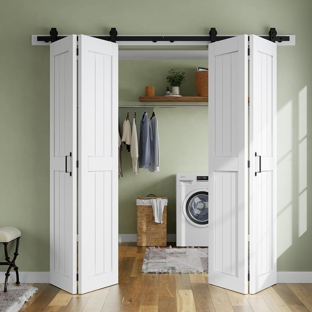 Bifold Barn Door 64'' x 84'',Bi-Fold Sliding Closet Doors with Hardware Kit Included,72'' Track Kit 