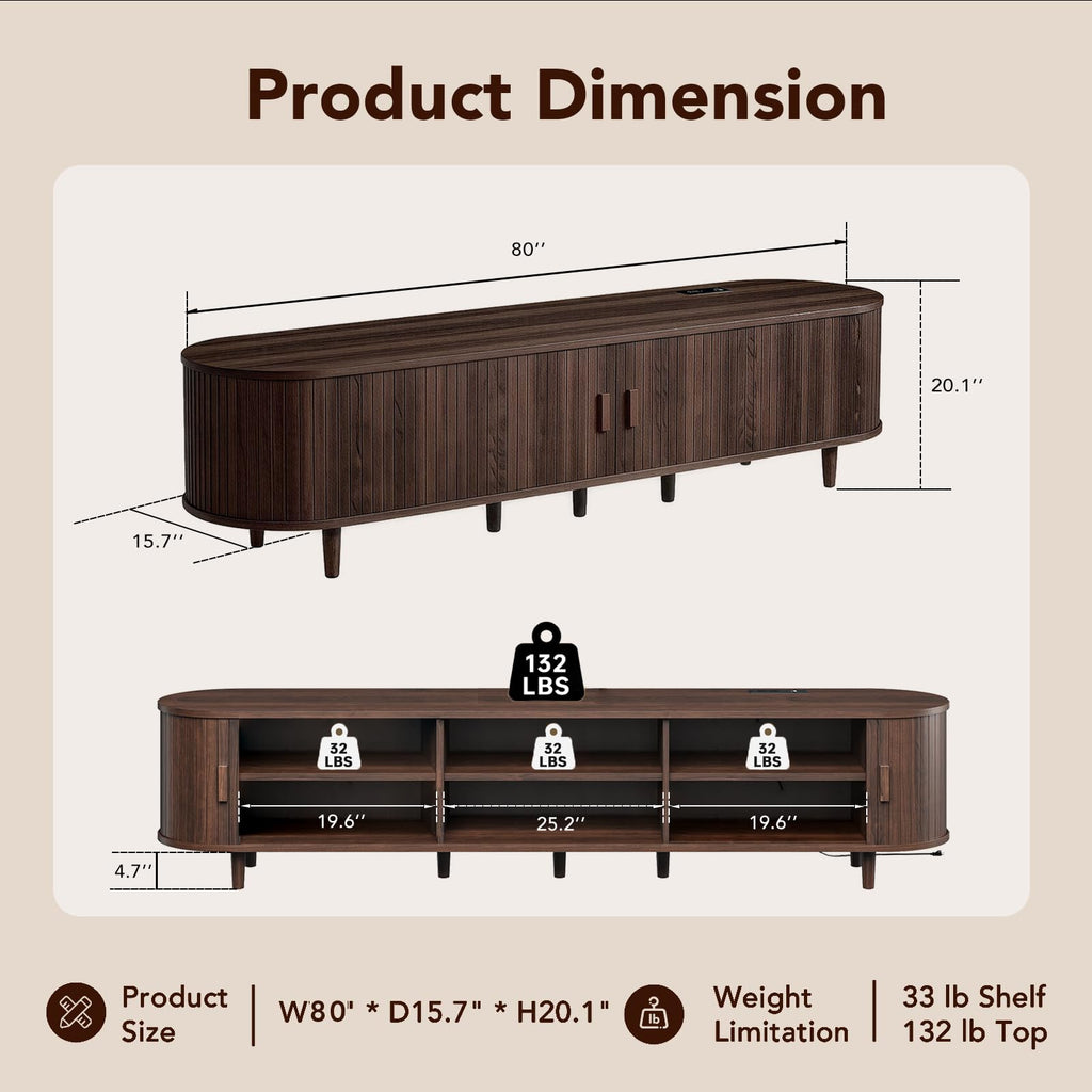 80" Mid-Century Modern TV Stand with Sliding Doors, TV Consoles with Power Outlet, Fluted Entertainment Center with