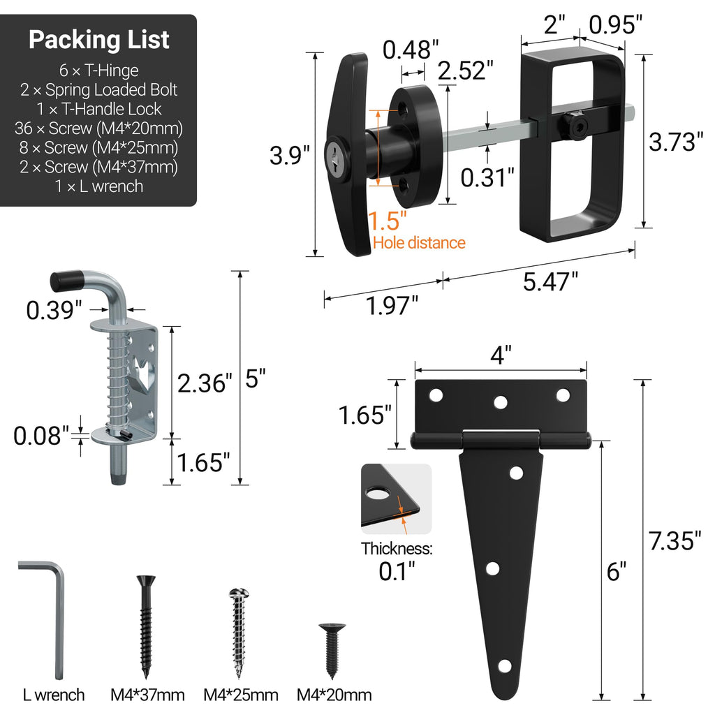 Shed Door Hardware Kit, Complete Set with T-Handle Lock, Barrel Bolts & Hinges.(sdhk)