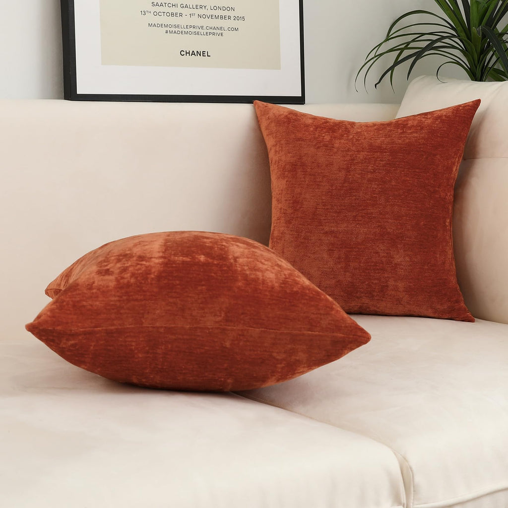 Terracotta Decorative Throw Pillow Covers Soft Chenille Comfy Solid Rust Couch Cushion Case Decor (Set of 2, 18 x 18