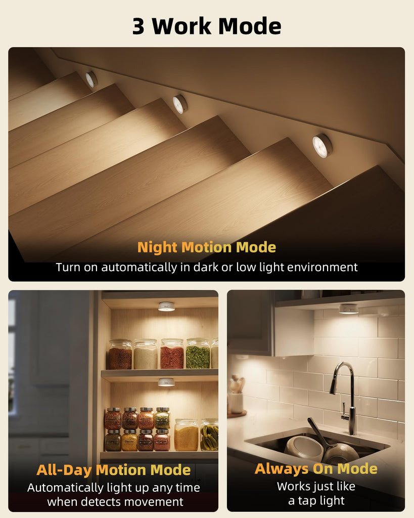 4 Pack Motion Sensor Closet Lights with Charging Station, 1200mAh Rechargeable LED Under Cabinet Lighting, Puck