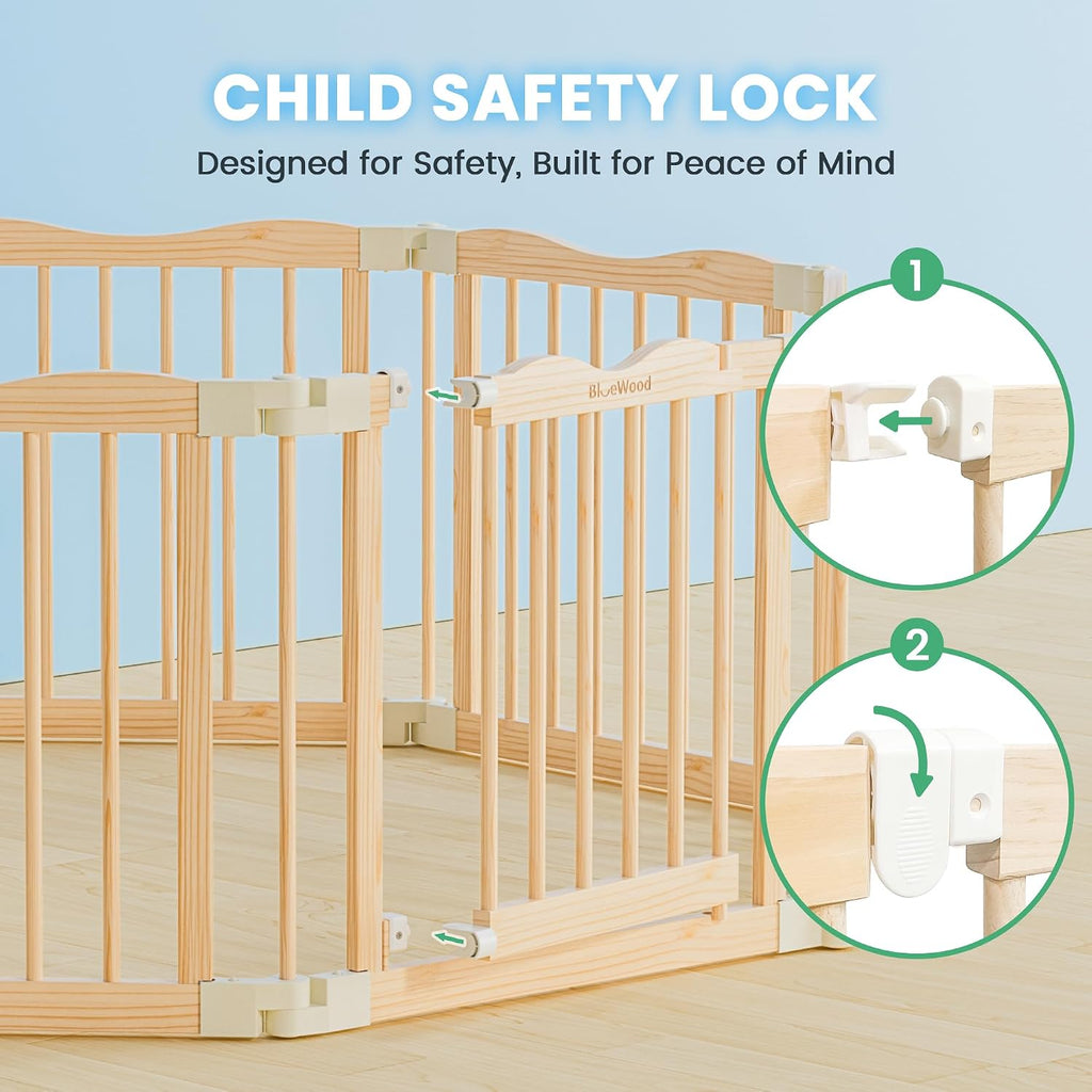 Foldable Wooden Playpen - Adjustable Wood Baby Play Yard with Child-Proof Lock, 12 Panels