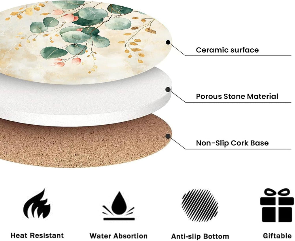 Eucalyptus Green Leaves Beige Marble Coasters for Drinks,Round Absorbent Ceramic Stone Coaster with Metal - Set of 6