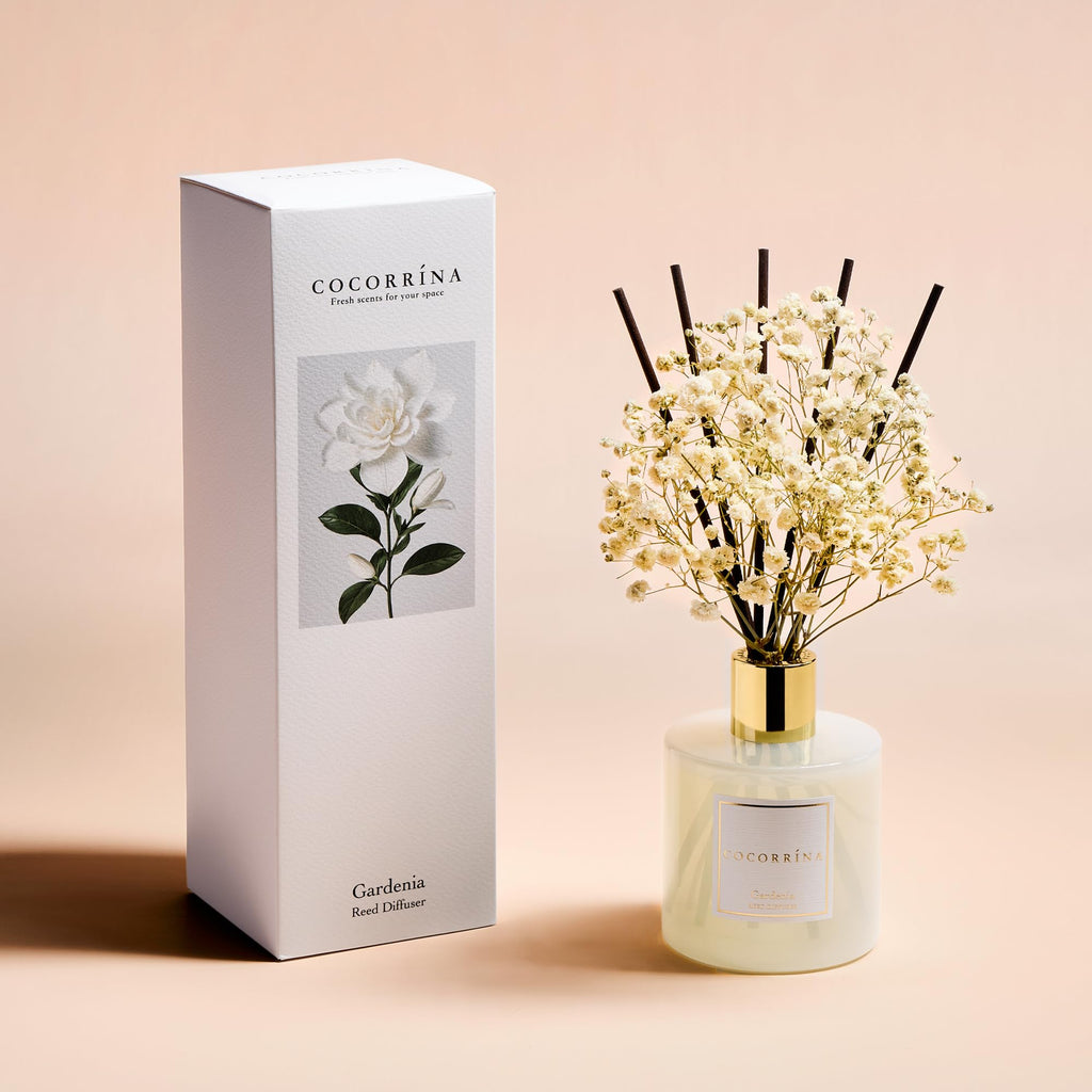 Reed Diffuser - Gardenia 6.7 Fl.oz Reed Diffuser Set with Sticks & Preserved Baby's Breath, Reed Diffuser Bathroom
