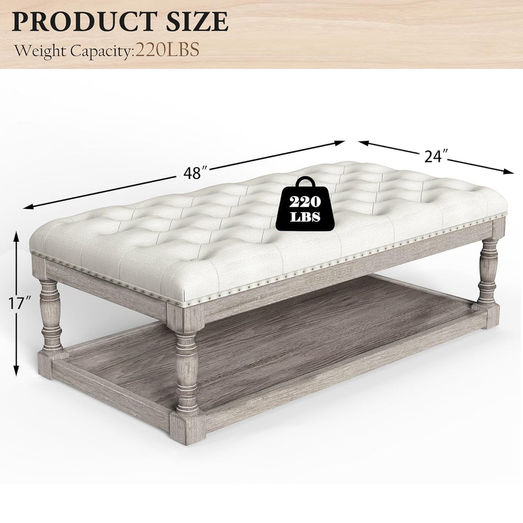 Ottoman Coffee Table, Large Rectangle Ottoman with Storage - Upholstered Cushioned Bench, Tufted Linen Fabric with