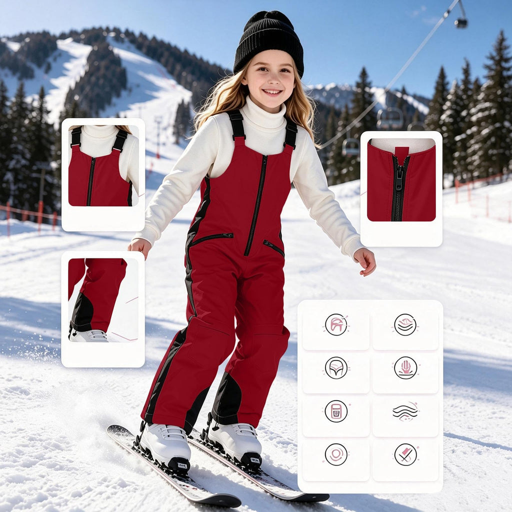 Boys Girls Ski Bib Overalls Adjustable Snowpants Red