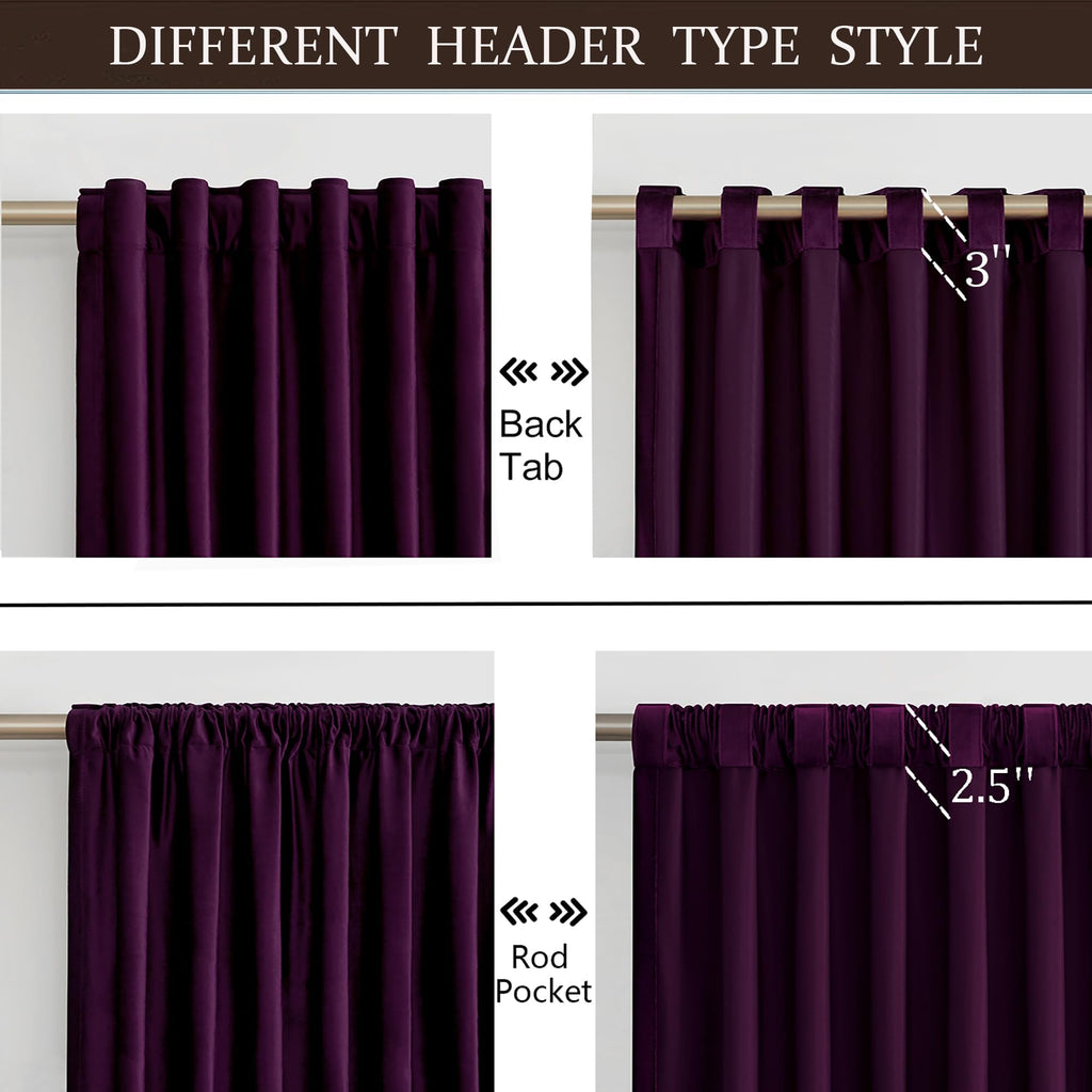 Full Blackout Purple Velvet Curtains 102 inch Long, 2 Panles Liner Rod Pocket Back Tab Thermal Window Curtains Room