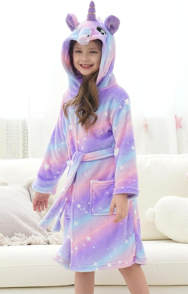 Girls Fleece Hooded Robe Toddler Warm Fuzzy Bathrobe